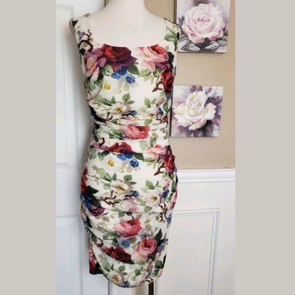 Dolce and Gabbana Ruched Floral Printed Silk Dress - Picture 3 of 7